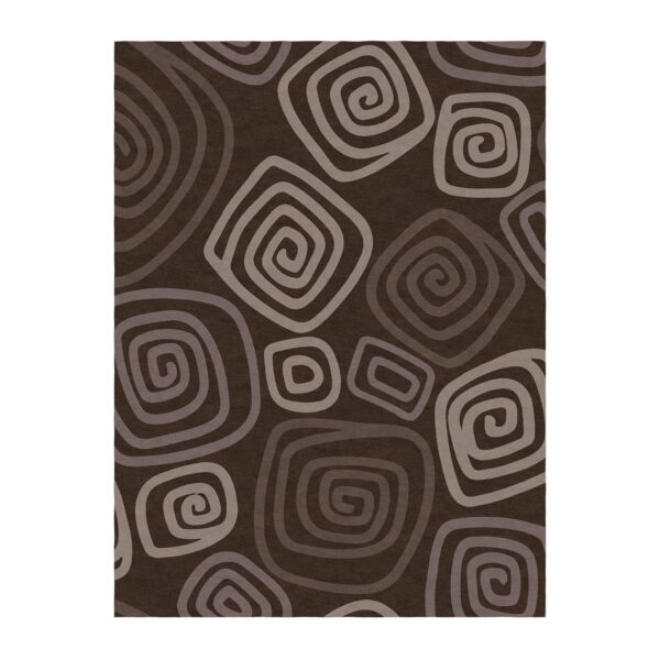 Reichhaltiger brauner getufteter Teppich mit silbergrauen Spiralmustern in verschiedenen Größen.
