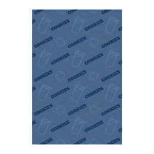 Blauer Tufting-Teppich mit wiederkehrendem Muster aus Keks- und Milchglas-Illustrationen mit dem text logo "COOKIES" durchgehend.