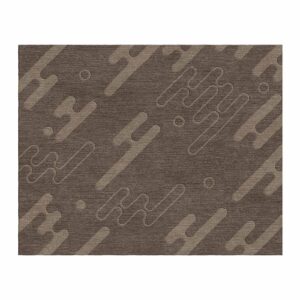 Anspruchsvoller getufteteter Teppich mit abstrakten abgerundeten Formen und Linien in verschiedenen Nuancen von Taupe und Braun.