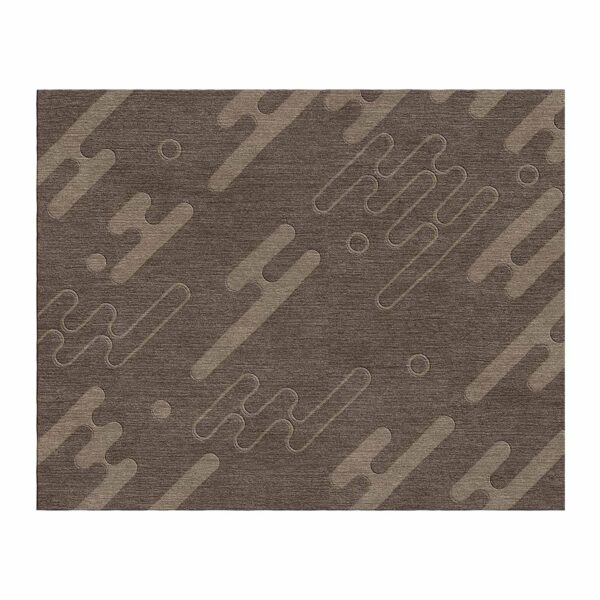 Anspruchsvoller getufteteter Teppich mit abstrakten abgerundeten Formen und Linien in verschiedenen Nuancen von Taupe und Braun.