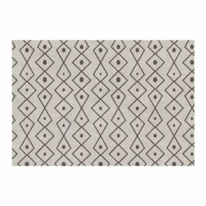 Handgetufteter Teppich mit geometrischem Rautenmuster in Hellgrau und Braun, rechteckiges Format mit regelmäßigen Diamantformen und kleinen Punkten.