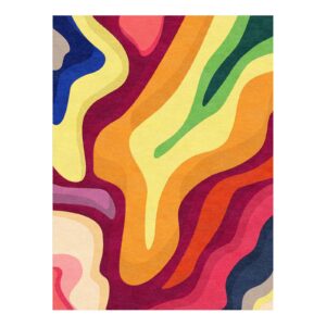 Lebendiger getufteter Teppich mit fließenden abstrakten Formen in kräftigen Regenbogenfarben einschließlich Burgunderrot, Orange, Gelb, Grün und Blau.