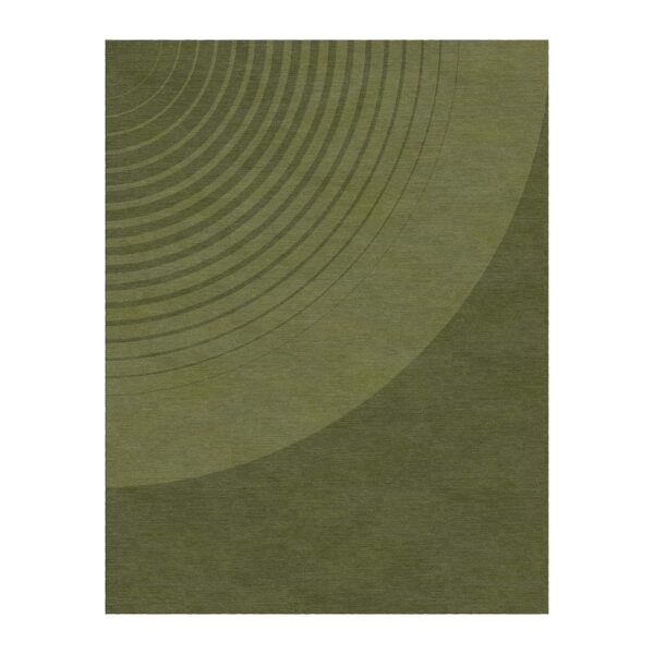 Minimalistischer olivgrüner Handtuft-Teppich mit konzentrischen Kreisen, dessen monochromatisches Farbschema.