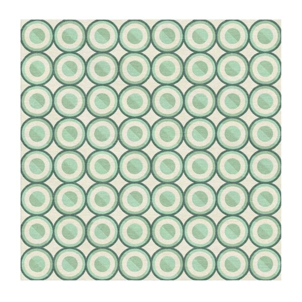Geometrischer getufteter Teppich mit mintgrünen konzentrischen Kreisen in einem Rastermuster auf cremefarbenem Hintergrund.