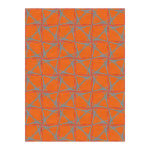 Leuchtend orangefarbener getufteter Teppich mit einem sich kreuzenden orangefarbenen und rosa Linienmuster, das ein geometrisches Netzwerk bildet.