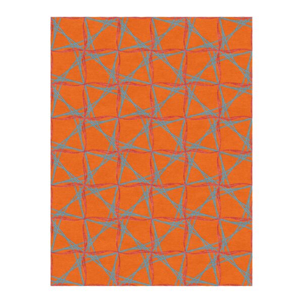 Leuchtend orangefarbener getufteter Teppich mit einem sich kreuzenden orangefarbenen und rosa Linienmuster, das ein geometrisches Netzwerk bildet.