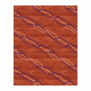 Terrakotta-farbener getufteter Teppich mit ineinandergreifendem kettenartigem Muster in marineblauen und pfirsichfarbenen linearen Akzenten.
