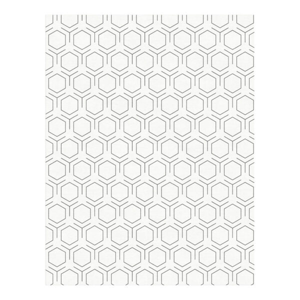 Minimalistischer weißer Tufting-Teppich mit dünnem, grauem Sechseck-Muster durchgehend.