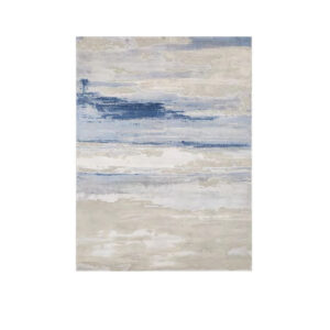 Abstrakte Wandkunst oder Teppich in sanften Blau- und Beigetönen mit horizontalen Streifen, die an eine Meereslandschaft erinnern.