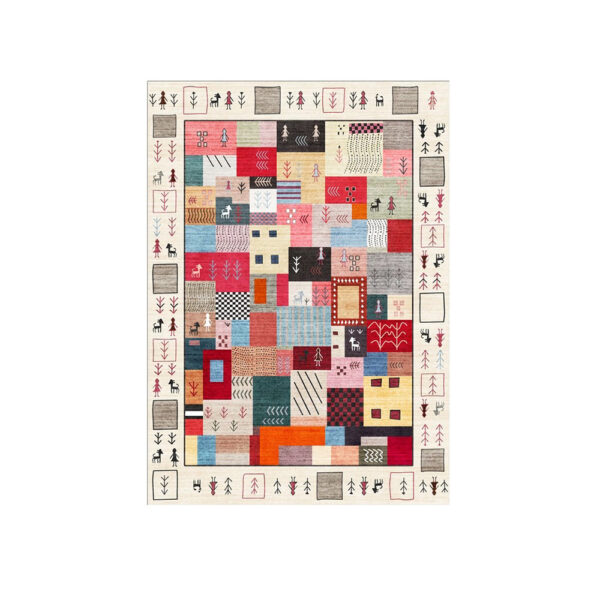 Handgeknüpfter Wollteppich im Folklore-Stil mit bunten Quadraten, traditionellen Symbolen und Bordüre mit stilisierten Figuren und Pflanzenmotiven.