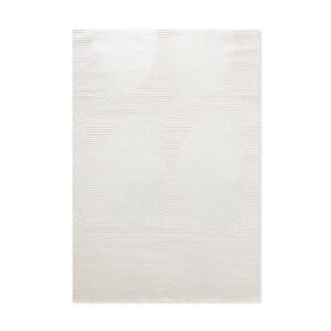Eleganter cremefarbener Wollteppich mit erhabenen geometrischen Wellenmotiven, minimalistische Relief-Textur durch parallele geschwungene Linien.