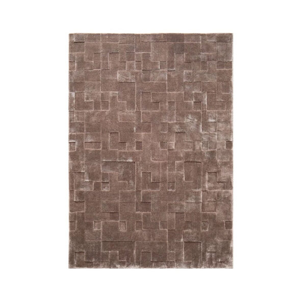 Handgetufteter Wollteppich in Taupe mit dreidimensionalem Mosaik-Relief-Muster, moderne geometrische Textur für zeitgenössische Einrichtung.