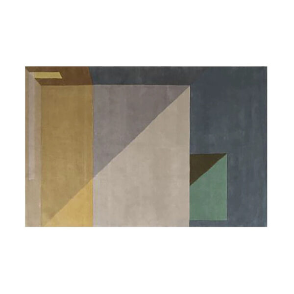 Moderner Designerteppich mit geometrischen Farbflächen in Senfgelb, Hellgrau, Blaugrau und Mintgrün, inspiriert vom Bauhaus-Stil.