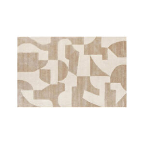 Eleganter Wollteppich in neutralen Beige- und Cremetönen mit geschwungenen geometrischen Formen, modernes minimalistisches Design für zeitgenössische Räume.