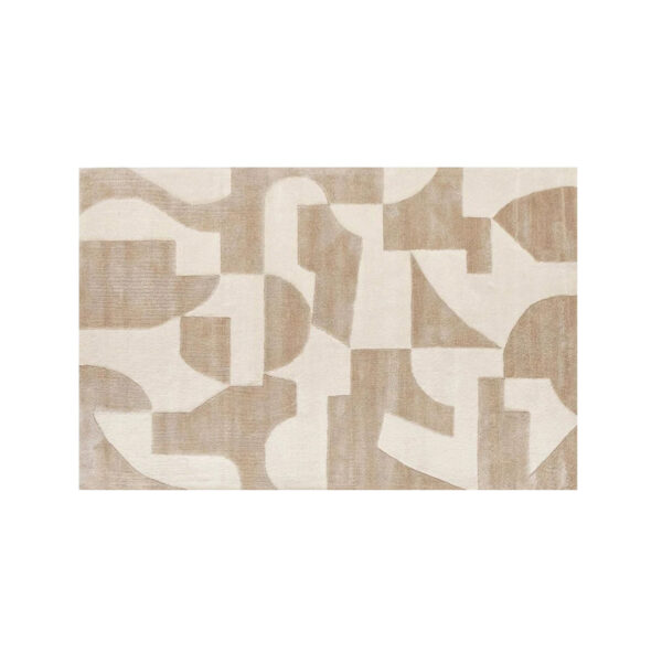 Eleganter Wollteppich in neutralen Beige- und Cremetönen mit geschwungenen geometrischen Formen, modernes minimalistisches Design für zeitgenössische Räume.